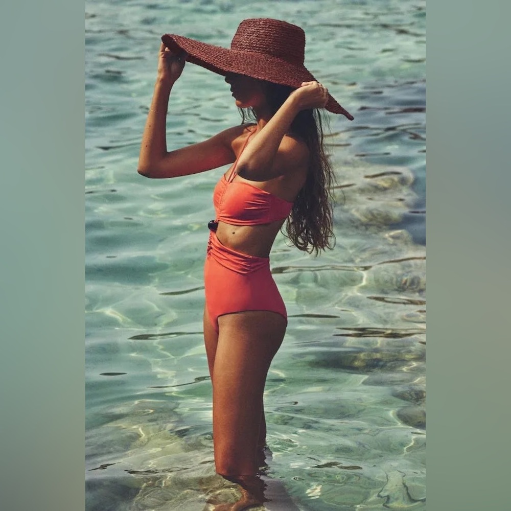 🆕ZARA BEAD BANDEAU SWIMSUIT | INTENSE CORAL | SIZE L
